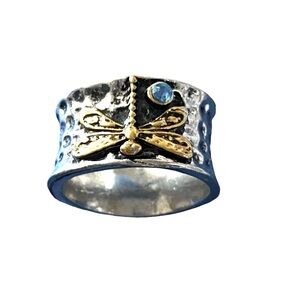 Hammered Sterling Silver Gemstone Dragonfly Ring marked 925